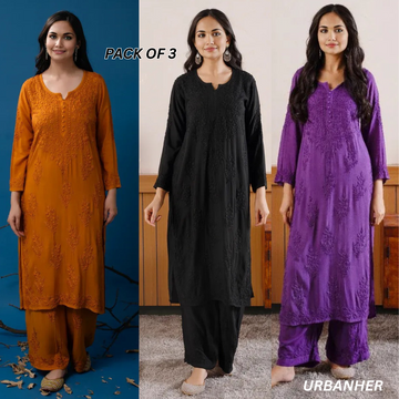 3 Combo Pack | Women Chikankari Work Kurti Set | Full Sleeves - CKS07