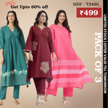 Pack of 3 Kurti Palazzo sets|soft, breathable & ideal for all-day wear | KP-14