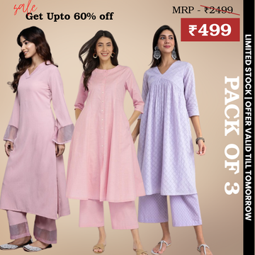 Pack of 3 Kurti Palazzo sets|soft, breathable & ideal for all-day wear | KP-12
