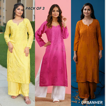 3 Combo Pack | Women Chikankari Work Kurti Set | Full Sleeves - CKS03