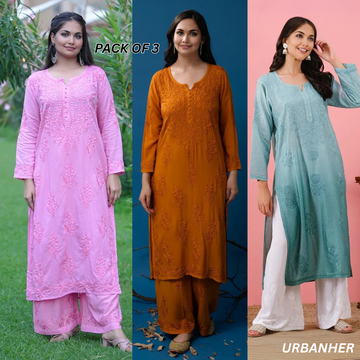 3 Combo Pack | Women Chikankari Work Kurti Set | Full Sleeves - CKS06