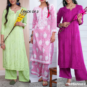3 Combo Pack | Women Chikankari Work Kurti Set | Full Sleeves - CKS09