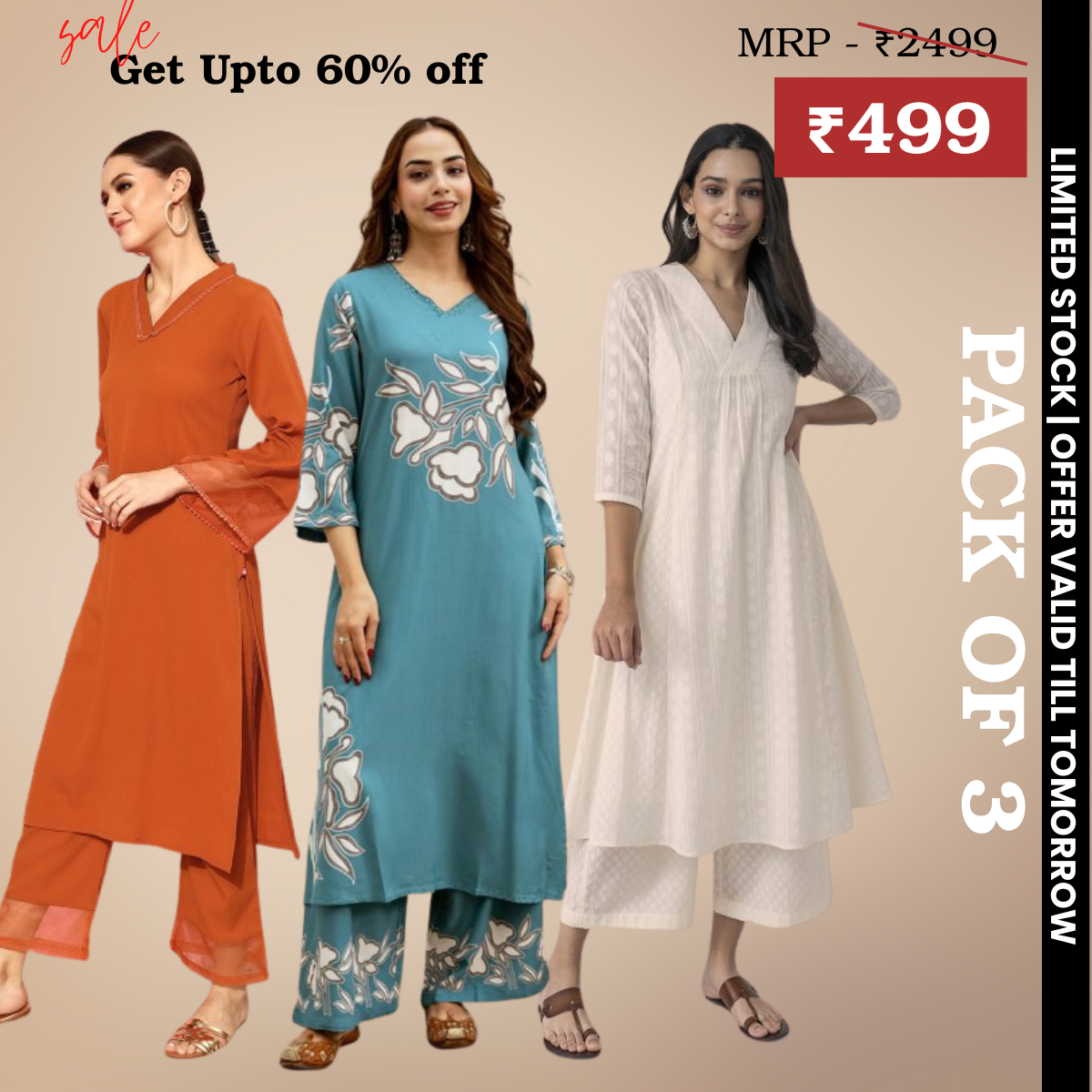 Pack of 3 Kurti Palazzo sets|soft, breathable & ideal for all-day wear | KP-17