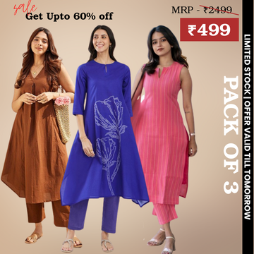 Pack of 3 Kurti Palazzo sets|soft, breathable & ideal for all-day wear | KP-11