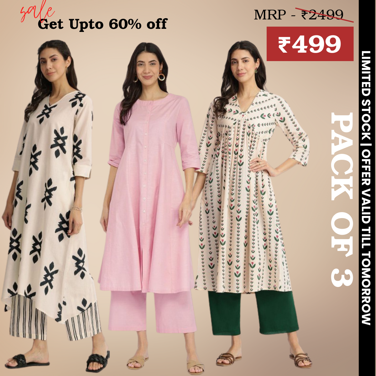 Pack of 3 Kurti Palazzo sets|soft, breathable & ideal for all-day wear | KP-15