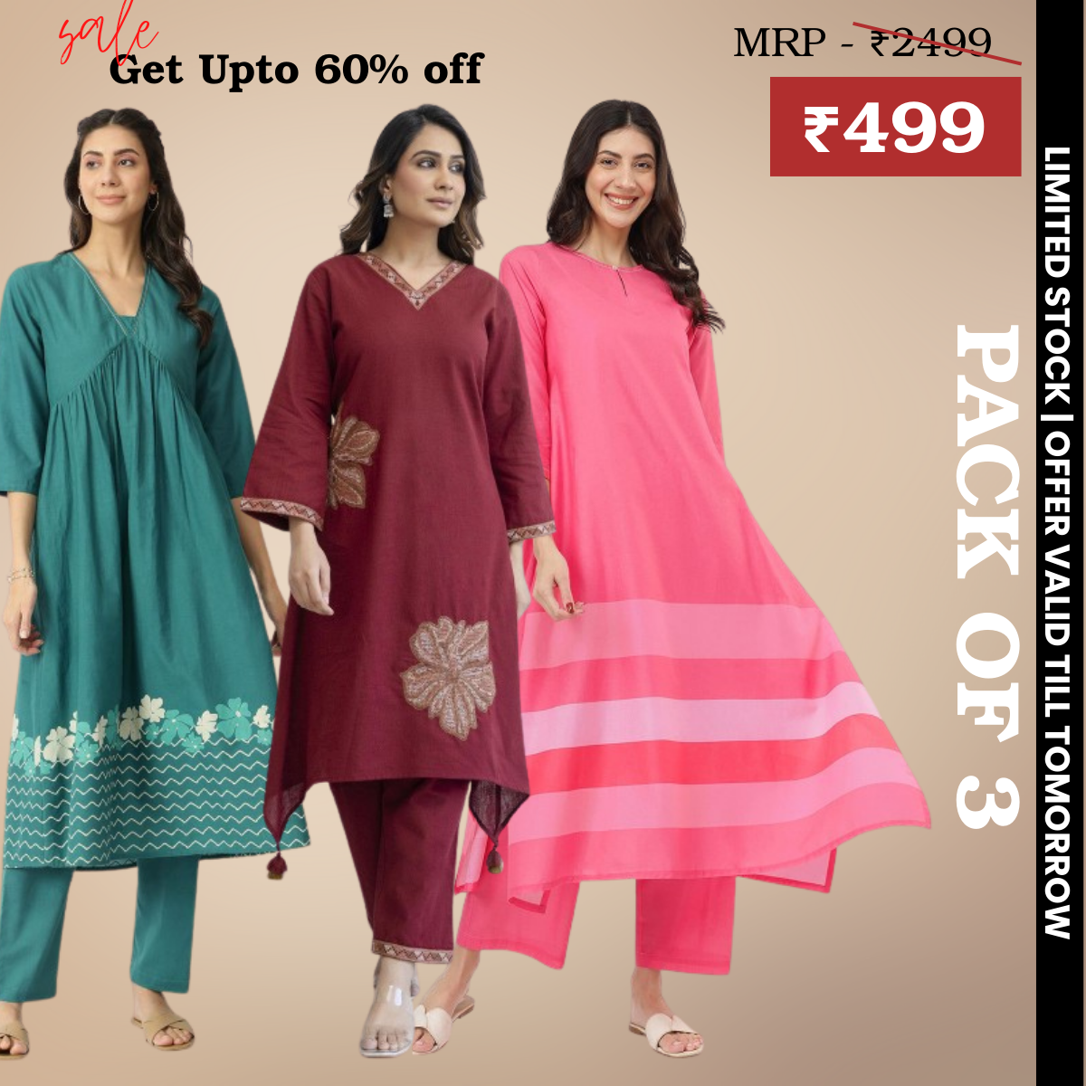 Pack of 3 Kurti Palazzo sets|soft, breathable & ideal for all-day wear | KP-14