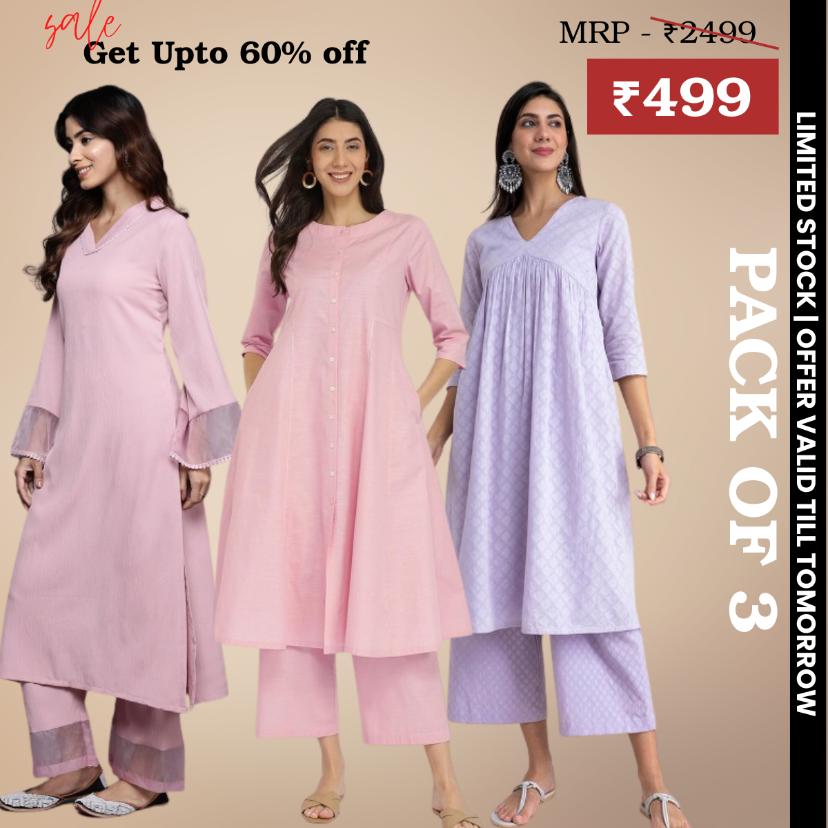 Pack of 3 Kurti Palazzo sets|soft, breathable & ideal for all-day wear | KP-12
