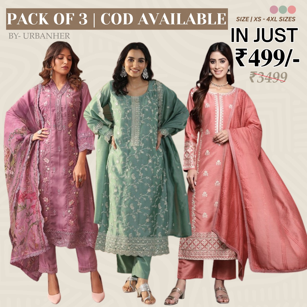 Pack of 3 | Elegant Silk Suit Set for Women | Festive & Party Wear |  SS-01