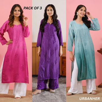 3 Combo Pack | Women Chikankari Work Kurti Set | Full Sleeves - CKS01