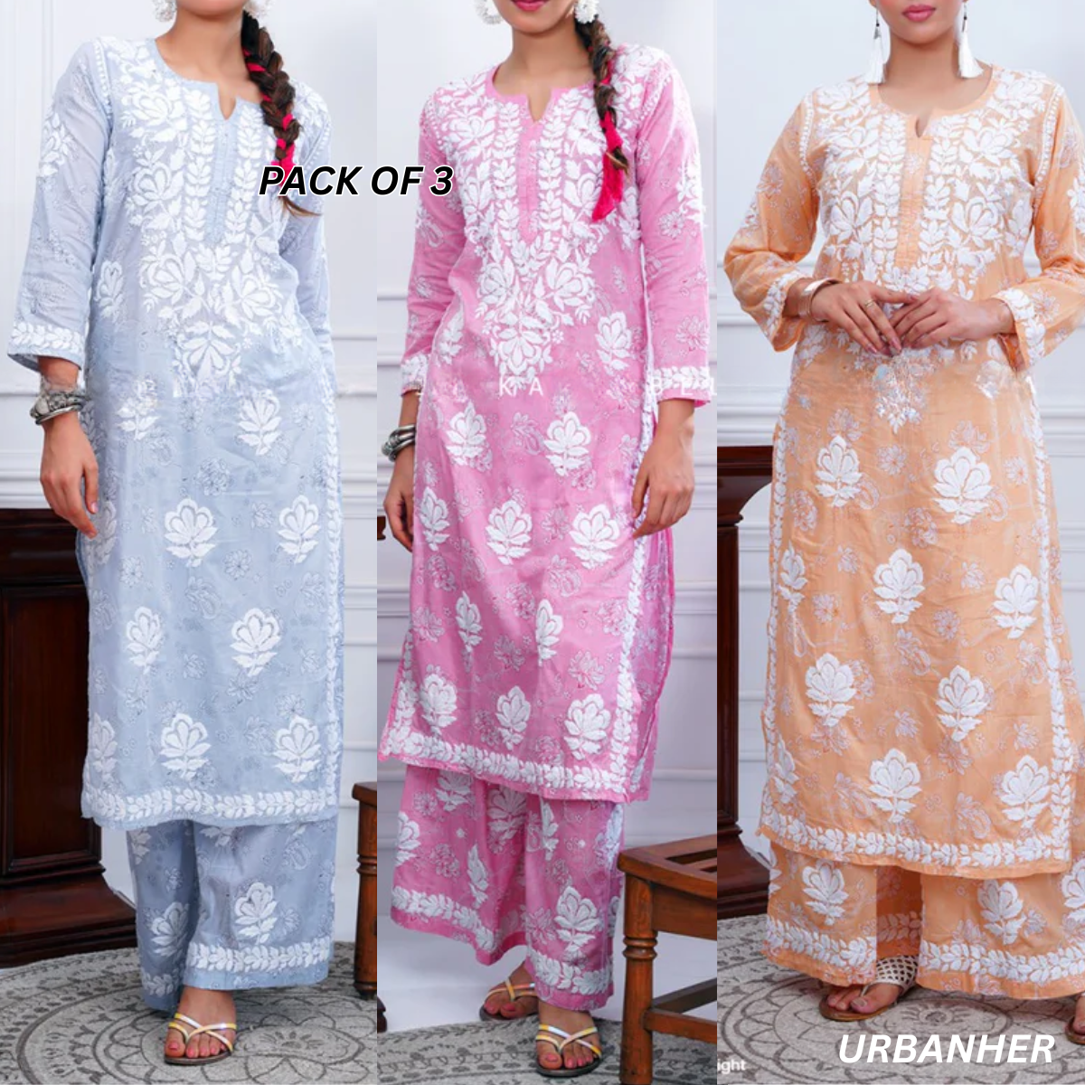3 Combo Pack | Women Chikankari Work Kurti Set | Full Sleeves - CKS04