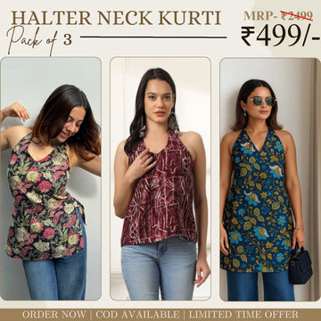Pack of 3 | Stylish Halter Neck Kurtis for Women | Cotton Kurta Set | SKU: HSK-04
