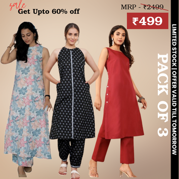 Pack of 3 Kurti Palazzo sets|soft, breathable & ideal for all-day wear | KP-03