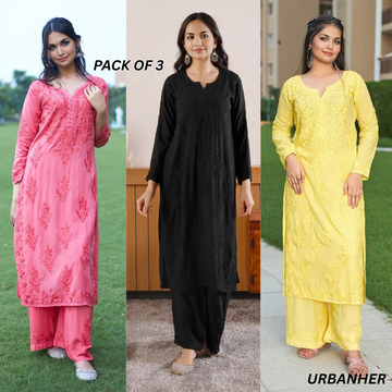3 Combo Pack | Women Chikankari Work Kurti Set | Full Sleeves - CKS05