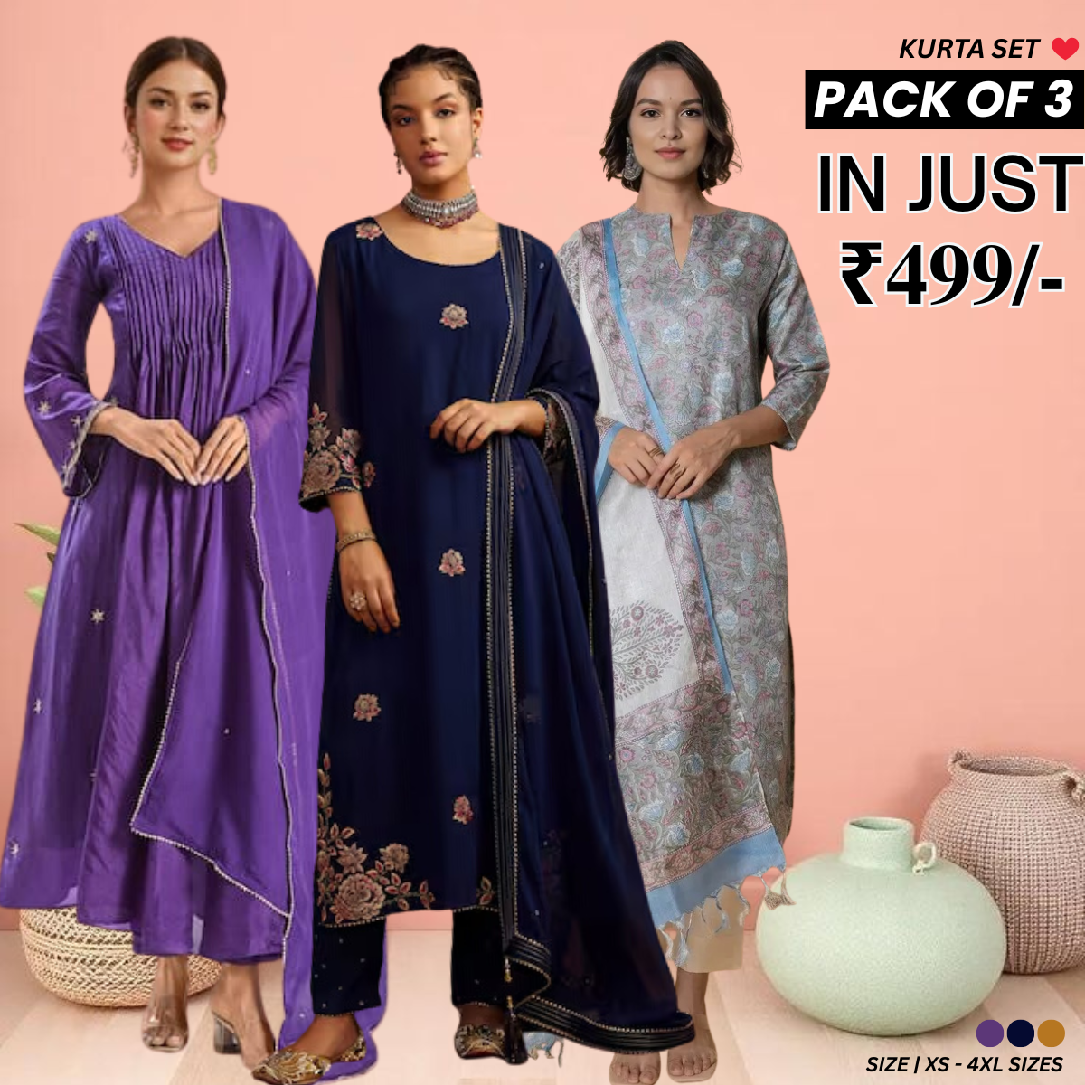 PACK OF 3 | Stylish Women’s Fancy Ethnic Kurta Set for Special Occasions | WK-06