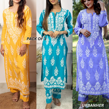 3 Combo Pack | Women Chikankari Work Kurti Set | Full Sleeves - CKS08