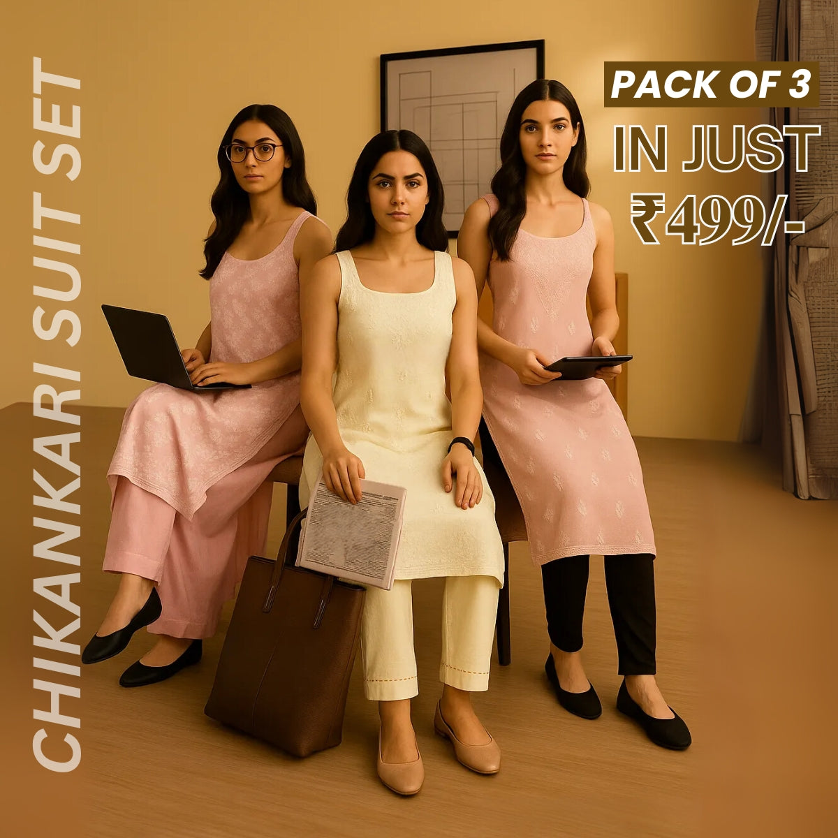 Pack of 3 |Chikankari Suit Sets with Dupatta | Traditional Ethnic Wear for Women | CSC-08